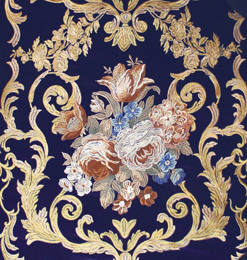Embroidery Velvet Upholstery Fabric Aubusson Rose Bouquet Etsy