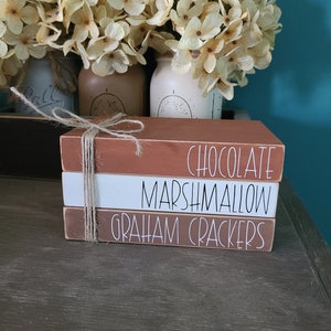 Mini book stack, summer decor, wood books, wood decor, farmhouse decor, tiered tray decor, smores, marshmallow, Graham crackers, chocolate