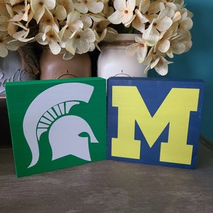 College football decor,personalized football decor,Michigan state decor,U of M decor, home decor, tiered tray decor, Michigan football decor