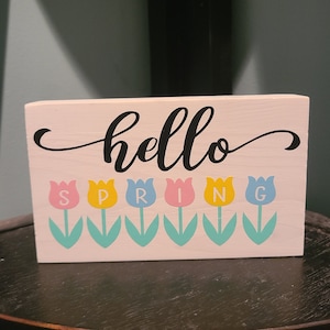 Spring decor, hello spring decor, hello spring, home decor, tiered tray decor, wood decor,  mini sign, tulips, spring