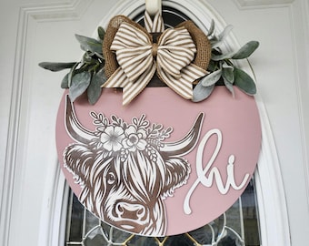 Decoración de vaca escocesa, colgador de puerta de vaca escocesa, corona de madera, decoración para la puerta de entrada, decoración del hogar, decoración rústica