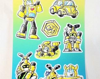 May include: A set of eight stickers featuring Bumblebee from the Transformers franchise. The stickers are on a blue and yellow background. The stickers feature Bumblebee in different poses, including his car form, a helicopter, and a robot. The text "BUMBLEBEE + METAMORPH" is at the top of the sheet.