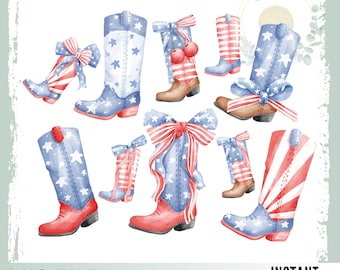 4th of July, PNG, Cowgirl Boots and Bows, America, American Girly, Country, Fourth of July, Patriotic Coquette Cowgirl, Watercolor, Cute PNG