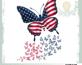 Patriotic Butterfly for the 4th of July American Flag American Girly PNG USA Fourth of July Red White and Blue Sublimation Design for Shirt