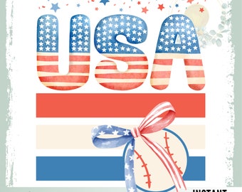 USA Softball Bow png for 4th of July Red White and Blue American Flag Cute Girly Fourth of July Patriotic Coquette Sublimation Design Shirt