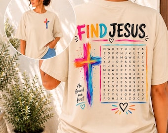 Find Jesus Word Search PNG Shirt for Women and Children Cute Colorful Christian Tee for DTF Sublimation Faith Graphic Gift for Mom Friend