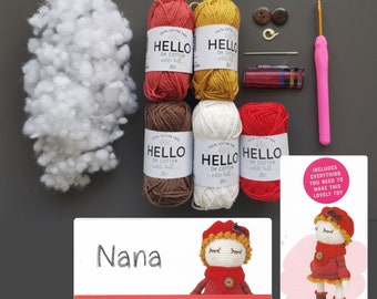 DIY AMIGURUMI KIT - "Nana" Crochet Amigurumi Kit - Lindo Patrón Amigurumi - Juguete de Ganchillo Grande - Aprende a Diy Crochet Regalo Muñeca Amigurumi