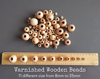 VARNISHED WOODEN BEADS -  11 Size Natural Wooden Macrame Beads, Round Wooden Beads for Dream Catchers, Bags, Jewellery Diy Crafts