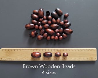 CUENTAS DE MADERA BARNIZADAS - Cuentas de macramé de madera de color marrón oscuro de 4 tamaños, cuentas de madera ovaladas para atrapasueños, bolsos, manualidades de joyería