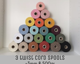 3 MM MAKRAMEESCHNUR SPULEN, 3 Twist 500 gr ~ 140 Meter, Schnur, natürliche Baumwolle, Perfekt für Strickmakramee-Projekte