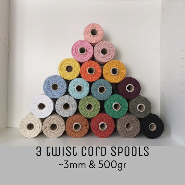 3MM MACRAME CORD SPOOLS, 3 Twist 500gr ~140metres, String, Natural Cotton, Perfect for Knitting Macrame Projects