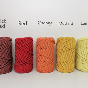 K&ouml;nnte beinhalten: F&uuml;nf Spulen Baumwollseil in verschiedenen Rot-, Orange- und Gelbt&ouml;nen. Die Farben sind mit "Brick Red", "Red", "Orange", "Mustard" und "Lemon" beschriftet.