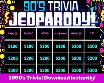 1990&#39;s Trivia, Customizable JEOPARODY, 90&#39;s Trivia Jeoparody Template, 90s Trivia Game, 1990s Editable Jeoparody, Digital Party Game