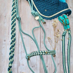 Puede incluir: Un cabezada de cuerda trenzada de color verde azulado y verde con herrajes dorados y una cuerda de plomo a juego. La cabezada tiene un nudo decorativo en la nariz. La cuerda de plomo tiene un borla en el extremo.