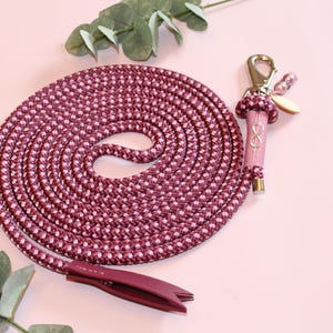 Puede incluir: Una correa de perro de cuerda rosa y burdeos con un clip rosa y plateado y un mango rosa con un símbolo de infinito.