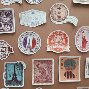 50 Vintage Country Stamp Stickers Travel France USA Japan Italy Plane Stamps Passport Suitcase - Vinyl/Waterproof Stickers