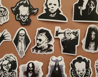50 Stickers Classic Horror Movies Black and White Chucky, Scream, Shining, Ca Spooky- Vinyl/Waterproof Stickers