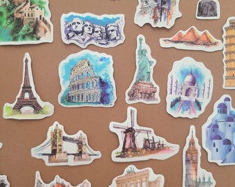 50 Stickers Monument Architecture Travel Eiffel, Colosseum, Pisa, Great Wall, Corcovado - Vinyl/Waterproof Stickers