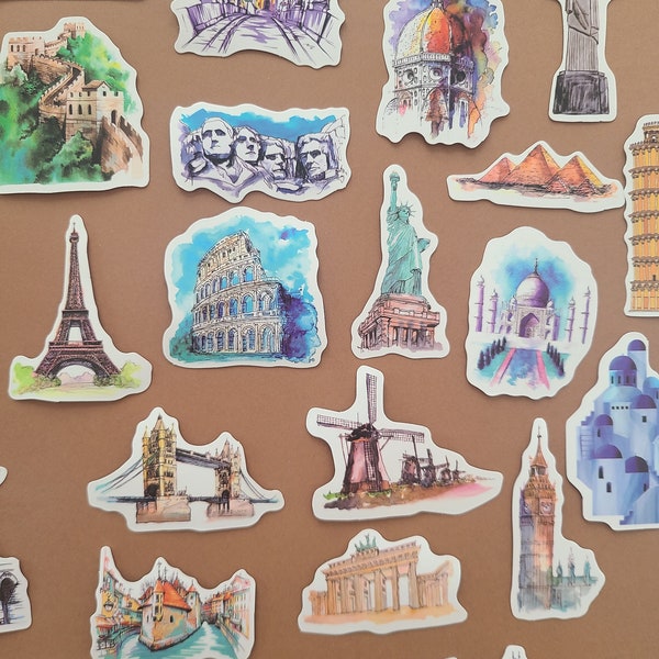 50 Stickers Monument Architecture Voyage Eiffel, Colysée, Pise, Grande muraille, Corcovado - Autocollants Vinyle/Waterproof