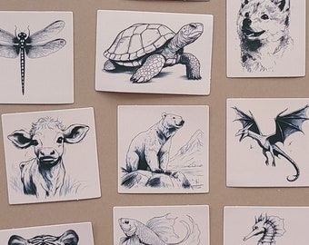 50 Black and White Animal Stickers Tiger Cat Rabbit Turtle Drawing Art Scrapbooking - Vinyl/Waterproof Stickers
