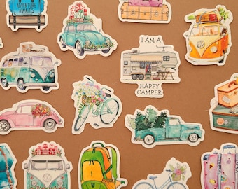 50 Stickers Travel Vintage Voyage Van Campervan Pastel - Autocollants Vinyle/Waterproof