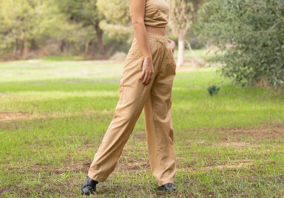 High Waist Trousers Beige Cotton Pants 