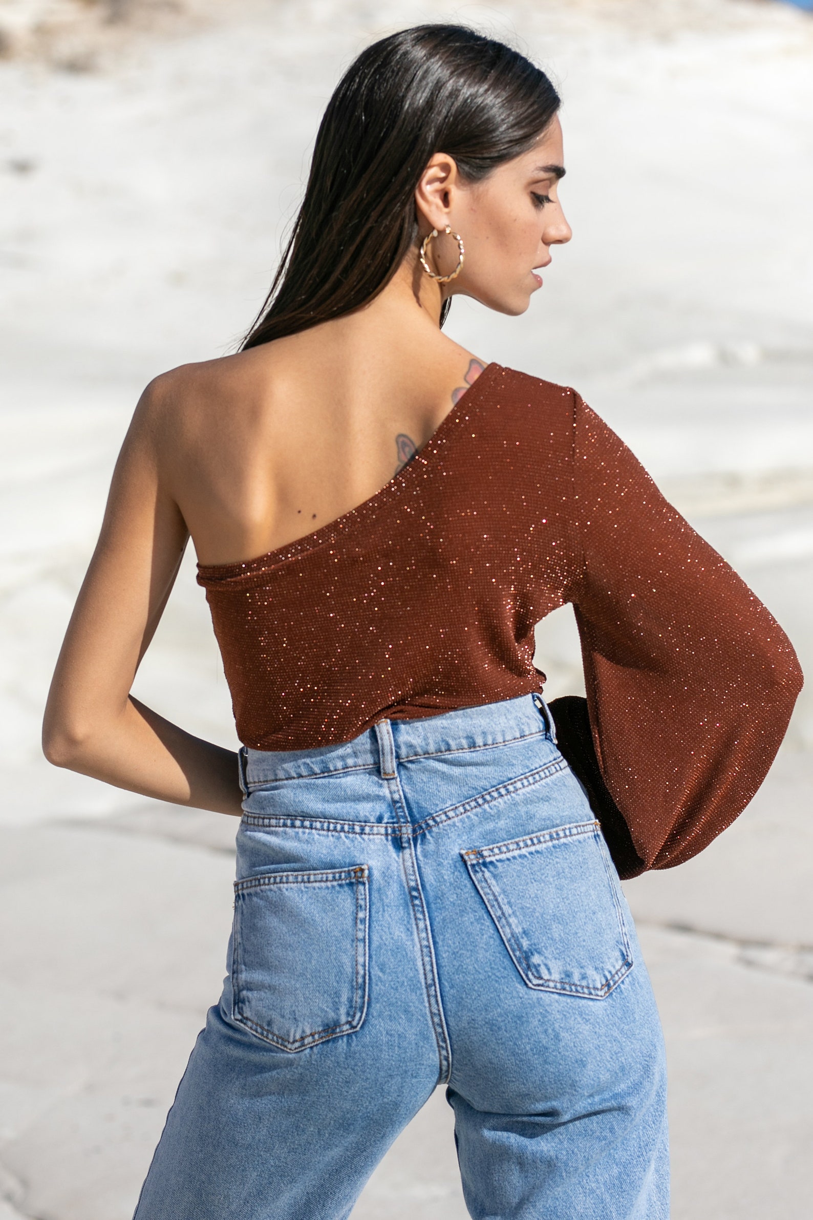One Shoulder Brown Top Balloon Sleeve Top Brown Glitter Top Etsy