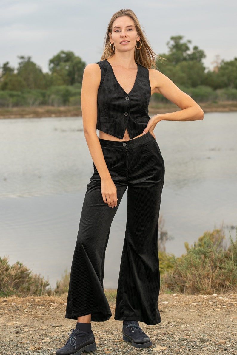 Corduroy Vest, Slim Fit Vest, Stylish Cotton Cropped Vest Black image 4