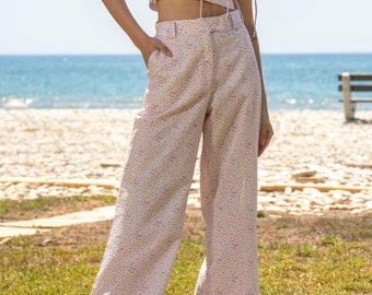 Floral Wide Leg Trousers,  Soft Cotton, High Waist Trousers Multicolor