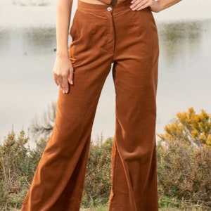 High Waist Corduroy Trousers, Women's Cotton Pants Brown