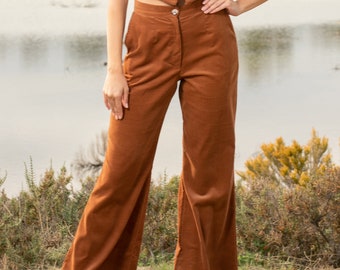 High Waist Corduroy Trousers, Women's Cotton Pants Brown