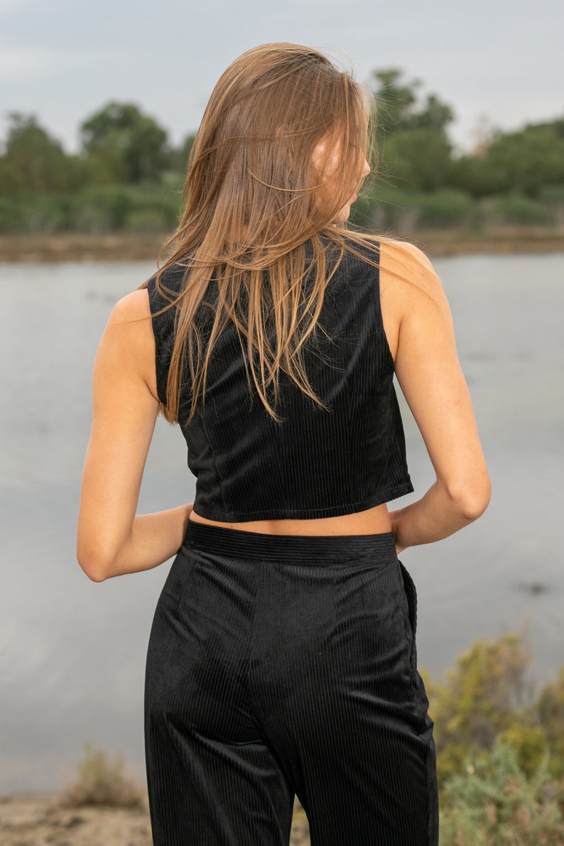 Corduroy Vest, Slim Fit Vest, Stylish Cotton Cropped Vest Black image 6