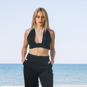 Front Buttons Crop Top, Soft Cotton Top, Sleeveless Top, Deep V Crop Top Black