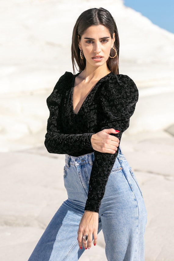 Puff Sleeve Velvet Bodysuit, Black Velvet Bodysuit, Textured Velvet Black  Bodysuit 