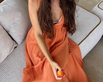 Deep V Summer Maxi Dress, Cotton Slip Dress, Adjustable Straps, Boho Loose Cotton Dress Orange