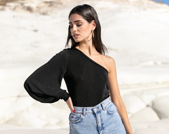 One Shoulder Black Top, Balloon Sleeve Top, Black Glitter Top, One Shoulder Blouse