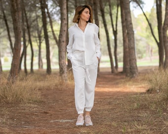 Soft Cotton Joggers, White Pants, High Waist Trousers, Loose fit