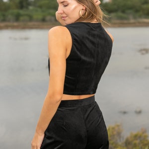 Corduroy Vest, Slim Fit Vest, Stylish Cotton Cropped Vest Black image 5