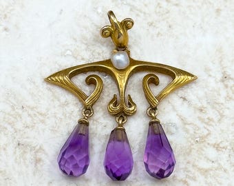 Antique Art Nouveau Amethyst Briolette Pendant: 14K Gold Seed Pearl Necklace