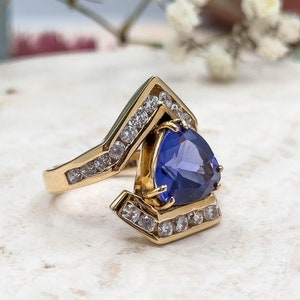 Vintage Synthetic Tanzanite Ring in 14K Yellow Gold Trillion Tanzanite 1980s Ring 1990s Ring Chunky Vintage Ring Channel Set faux diamonds