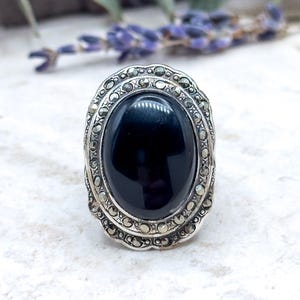 Vintage Art Deco Style Onyx Marcasite Ring Sterling Silver Size 4  Oval Black Gem Statement Ring by Uncas 1920s Cocktail Jewelry