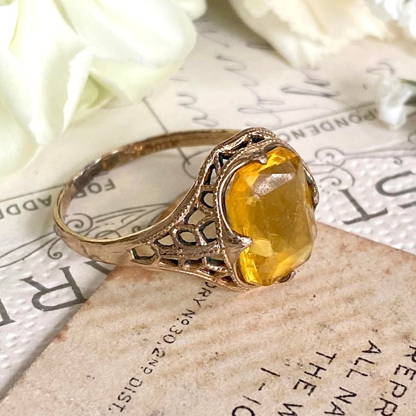 Antique Art Deco citrine paste ring, yellow paste filigree fancy gold vintage ring, 1920s 1930s, gold filled glass gem, crystal AS IS 411
