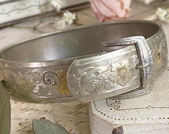 Victorian Buckle bracelet, etched silver plate floral design antique bracelet Antique metal handmade bracelet garter buckle Vintage bracelet