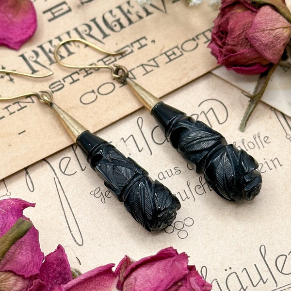 VICTORIAN Jet earrings, Victorian Mourning, carved Jet Gold Filled black earrings, 1800s carved whitby jet, cut and shaded jet drops antique