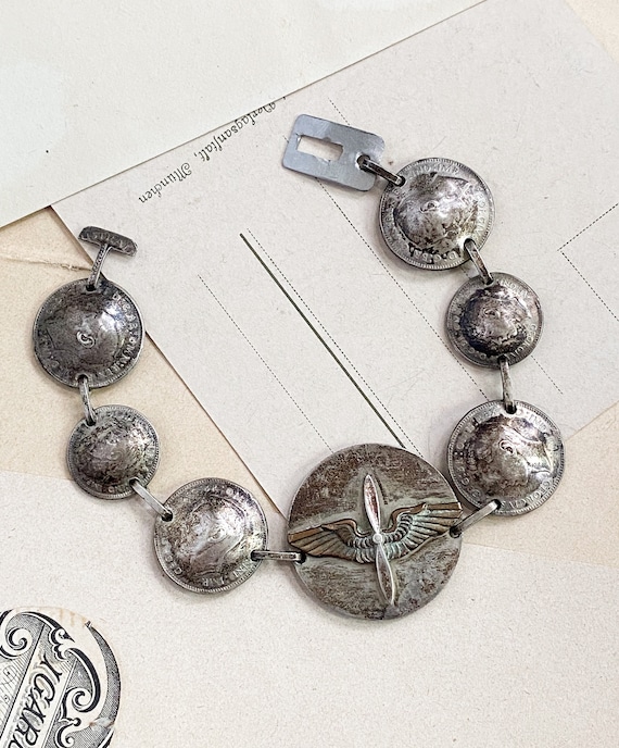 Vintage coin bracelet, sterling silver sweetheart 