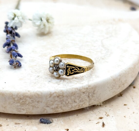 Antique Mourning Ring 14K Solid Gold Victorian RI… - image 2