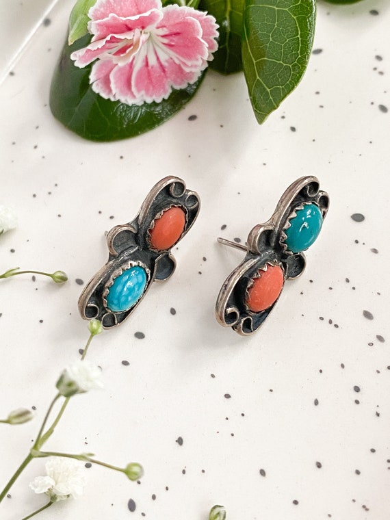 Vintage coral turquoise stud earrings in sterling 