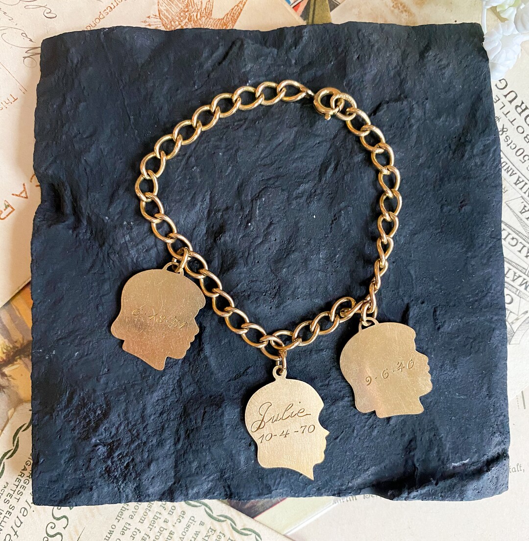 Vintage Kitschy Gold Bracelet, Silhouette Charm Bracelet, Gold Children