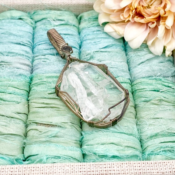 Vintage wire wrapped crystal pendant, raw quartz c