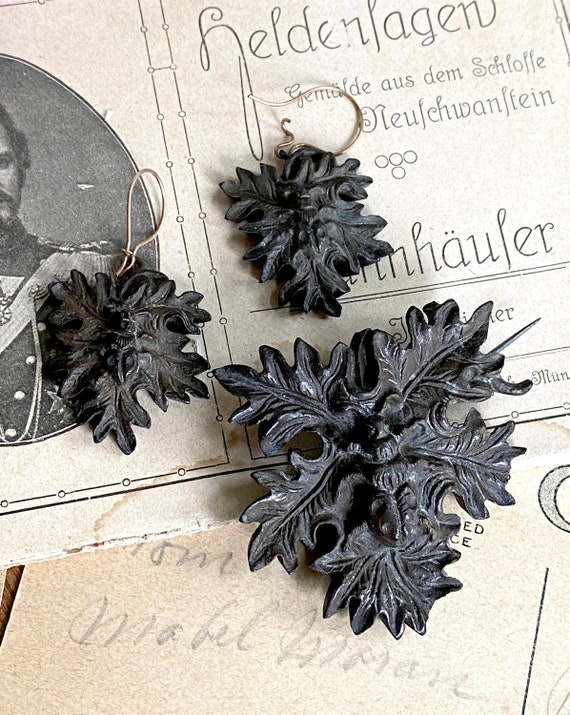 Victorian Mourning Jewelry Insect Brooch and earr… - image 1